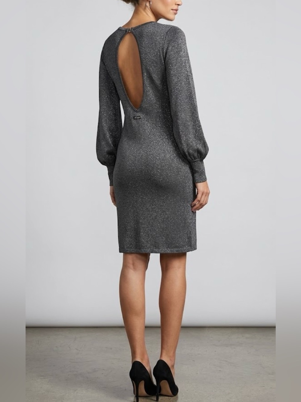 Luisa Spagnoli Sparkle Open-Back Long Sleeve Sheath Dress - Gray